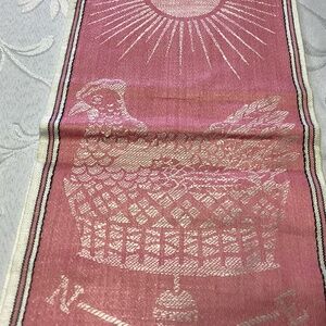 Vintage kitchen linen towel OWLS N CHICKENS. PINKS